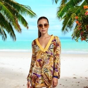 Women Blouse Yellow Multicolored Paisley Print Sheer Shirt Loose Fit Tunic Dress